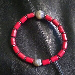 Red & Gray Beaded Slim Stretch Bracelet ~ Smoky Quartz + Howlite ~ 7" Wrists